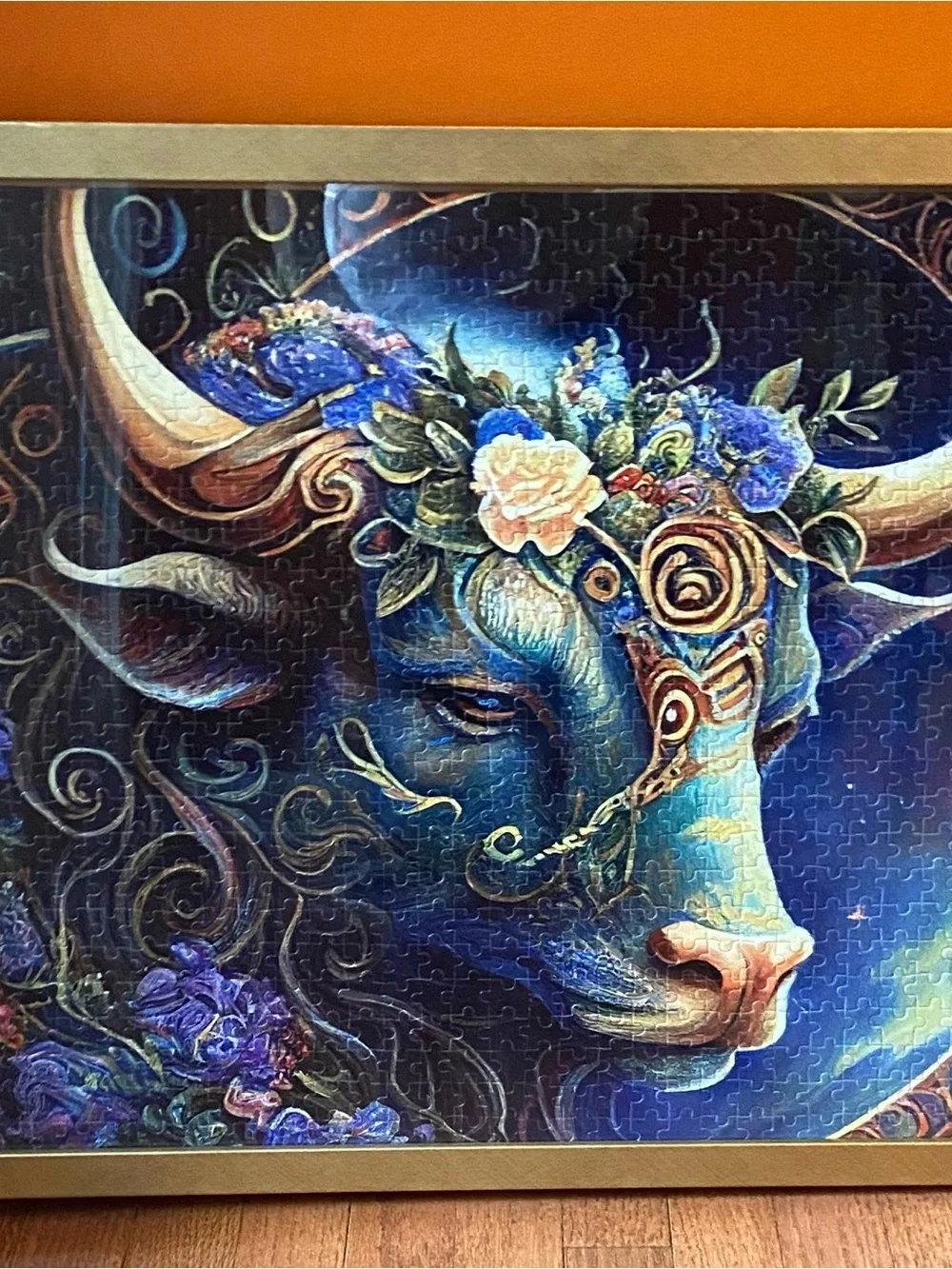 Blue Floral Bull Wall Art Print - Brand